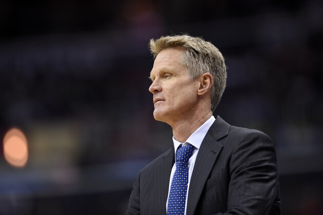 Golden State Warriors head coach Steve Kerr looks on during the second half of an NBA basketball game against the Washington Wizards, Tuesday, Feb. 28, 2017, in Washington. The Wizards won 112-108. (AP Photo/Nick Wass)