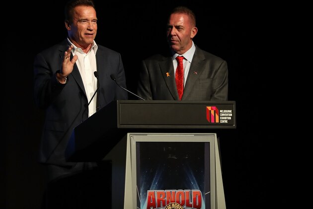 MELBOURNE, AUSTRALIA - MARCH 17: Arnold Schwarzenegger and Tony Doherty speak on stage during the 2017 Arnold Classic at The Melbourne Convention and Exhibition Centre on March 17, 2017 in Melbourne, Australia.  (Photo by Robert Cianflone/Getty Images)