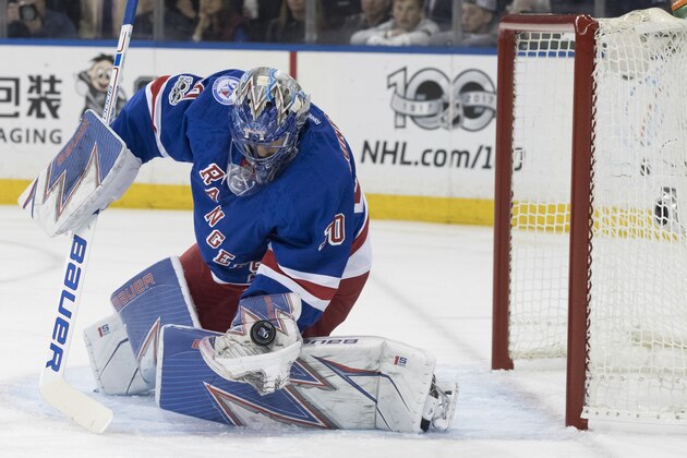 New York Rangers goalie Henrik Lundqvist tends the net during the first period of Game 6 of a first-round NHL hockey Stanley Cup playoff series against the Montreal Canadiens, Saturday, April 22, 2017, at Madison Square Garden in New York. (AP Photo/Mary Altaffer)
