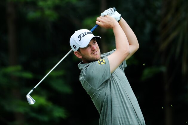 Bernd Wiesberger of Austria hits a shot during the third round of the Shenzhen International golf tournament in Shenzhen, in China's southern Guangdong province on April 22, 2017. / AFP PHOTO / STR / CHINA OUT        (Photo credit should read STR/AFP/Getty Images)