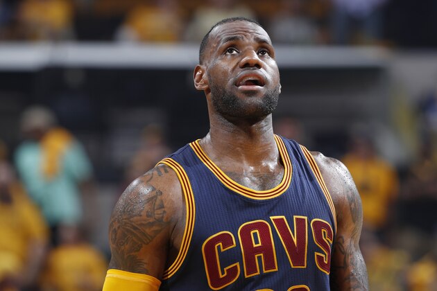 INDIANAPOLIS, IN - APRIL 20: LeBron James #23 of the Cleveland Cavaliers looks on against the Indiana Pacers in game three of the Eastern Conference Quarterfinals during the 2017 NBA Playoffs at Bankers Life Fieldhouse on April 20, 2017 in Indianapolis, Indiana. The Cavaliers defeated the Pacers 119-114 to take a 3-0 lead in the series. NOTE TO USER: User expressly acknowledges and agrees that, by downloading and or using the photograph, User is consenting to the terms and conditions of the Getty Images License Agreement. (Photo by Joe Robbins/Getty Images)