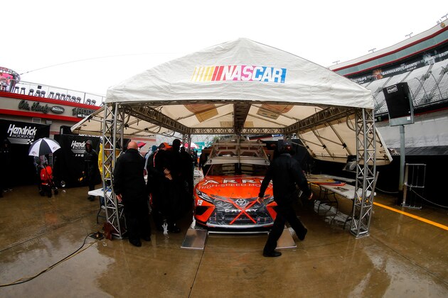 BRISTOL, TN - APRIL 23:  The #19 ARRIS Toyota, driven by Daniel Suarez (not pictured), goes through technical inspection prior to the Monster Energy NASCAR Cup Series Food City 500 at Bristol Motor Speedway on April 23, 2017 in Bristol, Tennessee.  (Photo by Sean Gardner/Getty Images)