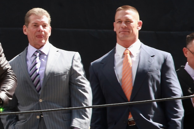 NEW YORK, NY - APRIL 04:  The Rock, Vince McMahon, and John Cena attend the WrestleMania 29 Press Conference at Radio City Music Hall on April 4, 2013 in New York City.  (Photo by Taylor Hill/Getty Images)