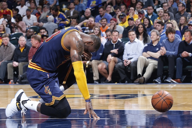 INDIANAPOLIS, IN - APRIL 23: LeBron James #23 of the Cleveland Cavaliers reacts after being hit in the face in the first half of Game Four of the Eastern Conference Quarterfinals during the 2017 NBA Playoffs against the Indiana Pacers at Bankers Life Fieldhouse on April 23, 2017 in Indianapolis, Indiana. NOTE TO USER: User expressly acknowledges and agrees that, by downloading and or using the photograph, User is consenting to the terms and conditions of the Getty Images License Agreement. (Photo by Joe Robbins/Getty Images)