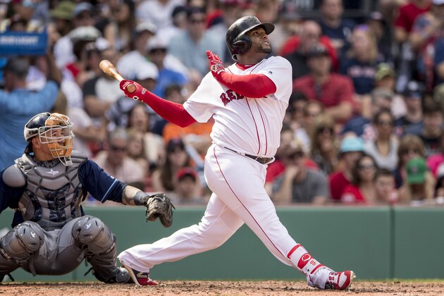 BOSTON, MA - APRIL 16: Pablo Sandoval #48 of the Boston Red Sox hits a game tying two run home run during the fourth inning of a game against the Tampa Bay Rays on April 16, 2017 at Fenway Park in Boston, Massachusetts. (Photo by Billie Weiss/Boston Red Sox/Getty Images)