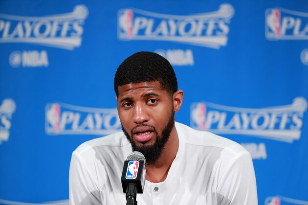 INDIANAPOLIS, IN - APRIL 20:  Paul George #13 of the Indiana Pacers talks to the media after the game against the Cleveland Cavaliers during Game Three of the Eastern Conference Quarterfinals of the 2017 NBA Playoffs on April 20, 2017 at Bankers Life Fieldhouse in Indianapolis, IN. NOTE TO USER: User expressly acknowledges and agrees that, by downloading and or using this Photograph, user is consenting to the terms and conditions of the Getty Images License Agreement. Mandatory Copyright Notice: Copyright 2017 NBAE (Photo by Jeff Haynes/NBAE via Getty Images)
