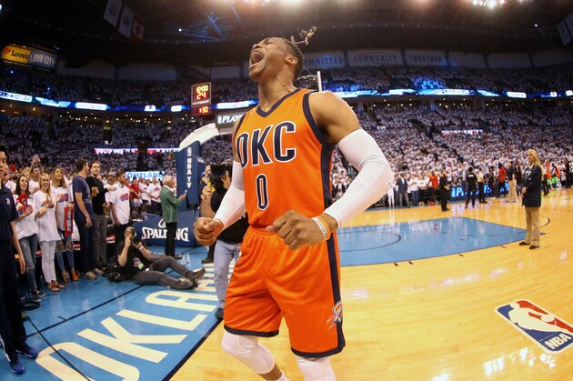 OKLAHOMA CITY, OK- APRIL 23: Russell Westbrook #0 of the Oklahoma City Thunder reacts during the game against the Houston Rockets in Game Four during the Western Conference Quarterfinals of the 2017 NBA Playoffs on April 23, 2017 at Chesapeake Energy Arena in Oklahoma City, Oklahoma. NOTE TO USER: User expressly acknowledges and agrees that, by downloading and or using this photograph, User is consenting to the terms and conditions of the Getty Images License Agreement. Mandatory Copyright Notice: Copyright 2017 NBAE (Photo by Layne Murdoch/NBAE via Getty Images)