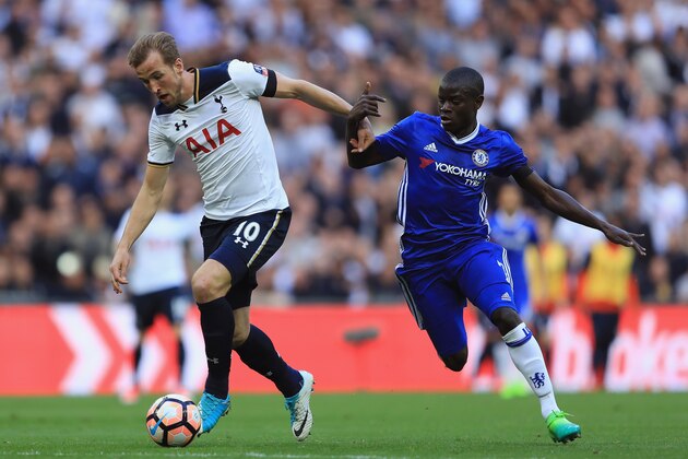 LONDON, ENGLAND - APRIL 22:  Harry Kane of Tottenham Hotspur holds off N'Golo Kante of Chelsea during The Emirates FA Cup Semi-Final between Chelsea and Tottenham Hotspur at Wembley Stadium on April 22, 2017 in London, England.  (Photo by Richard Heathcote/Getty Images)