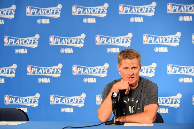 OAKLAND, CA - APRIL 19:  Steve Kerr of the Golden State Warriors talks to the media during a press conference after Game Two of the Western Conference Quarterfinals against the Portland Trail Blazers during the 2017 NBA Playoffs on April 19, 2017 at ORACLE Arena in Oakland, California. NOTE TO USER: User expressly acknowledges and agrees that, by downloading and or using this photograph, user is consenting to the terms and conditions of Getty Images License Agreement. Mandatory Copyright Notice: Copyright 2017 NBAE (Photo by Noah Graham/NBAE via Getty Images)