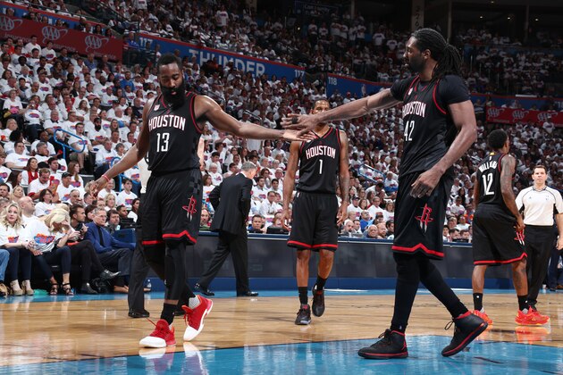 OKLAHOMA CITY, OK - APRIL 23: James Harden #13 and Nene Hilario #42 of the Houston Rockets react to a play during Game Four of the Western Conference Quarterfinals of the 2017 NBA Playoffs on April 23, 2017 at Chesapeake Energy Arena in Oklahoma City, Oklahoma. NOTE TO USER: User expressly acknowledges and agrees that, by downloading and/or using this photograph, user is consenting to the terms and conditions of the Getty Images License Agreement. Mandatory Copyright Notice: Copyright 2017 NBAE (Photo by Nathaniel S. Butler/NBAE via Getty Images) OKLAHOMA CITY, OK - APRIL 23: James Harden #13 and Nene Hilario #42 of the Houston Rockets react to a play during Game Four of the Western Conference Quarterfinals of the 2017 NBA Playoffs on April 23, 2017 at Chesapeake Energy Arena in Oklahoma City, Oklahoma. NOTE TO USER: User expressly acknowledges and agrees that, by downloading and/or using this photograph, user is consenting to the terms and conditions of the Getty Images License Agreement. Mandatory Copyright Notice: Copyright 2017 NBAE (Photo by Nathaniel S. Butler/NBAE via Getty Images)