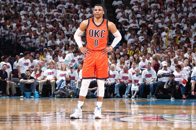 OKLAHOMA CITY, OK - APRIL 23:  Russell Westbrook #0 of the Oklahoma City Thunder looks on during Game Four of the Western Conference Quarterfinals of the 2017 NBA Playoffs on April 23, 2017 at Chesapeake Energy Arena in Oklahoma City, Oklahoma. NOTE TO USER: User expressly acknowledges and agrees that, by downloading and/or using this photograph, user is consenting to the terms and conditions of the Getty Images License Agreement. Mandatory Copyright Notice: Copyright 2017 NBAE (Photo by Nathaniel S. Butler/NBAE via Getty Images)
