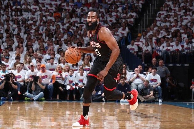 OKLAHOMA CITY, OK - APRIL 23:  James Harden #13 of the Houston Rockets handles the ball against the Oklahoma City Thunder during Game Four of the Western Conference Quarterfinals of the 2017 NBA Playoffs on April 23, 2017 at Chesapeake Energy Arena in Oklahoma City, Oklahoma. NOTE TO USER: User expressly acknowledges and agrees that, by downloading and/or using this photograph, user is consenting to the terms and conditions of the Getty Images License Agreement. Mandatory Copyright Notice: Copyright 2017 NBAE (Photo by Nathaniel S. Butler/NBAE via Getty Images)