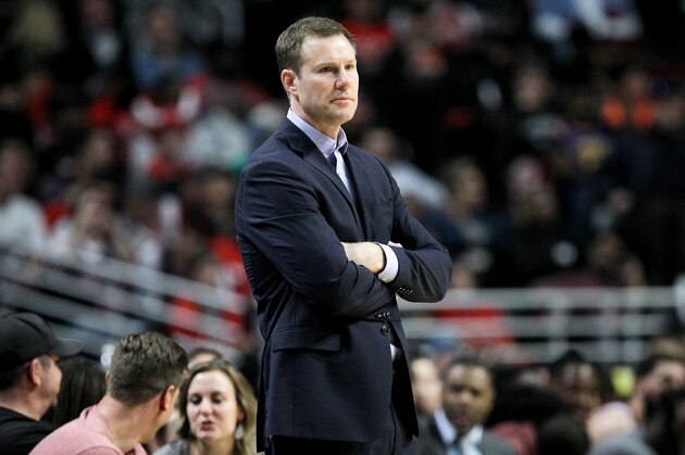 CHICAGO, IL - APRIL 12:  Head coach Fred Hoiberg of the Chicago Bulls watches the game from the bench in the third quarter against the Brooklyn Nets at United Center on April 12, 2017 in Chicago, Illinois. NOTE TO USER: User expressly acknowledges and agrees that, by downloading and or using this photograph, User is consenting to the terms and conditions of the Getty Images License Agreement. (Photo by Dylan Buell/Getty Images)