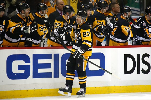 PITTSBURGH, PA - APRIL 14:  Sidney Crosby #87 of the Pittsburgh Penguins celebrates his first period goal with teammates while playing the Columbus Blue Jackets in Game Two of the Eastern Conference First Round during the 2017 NHL Stanley Cup Playoffs at PPG Paints Arena on April 14, 2017 in Pittsburgh, Pennsylvania.  (Photo by Gregory Shamus/Getty Images)