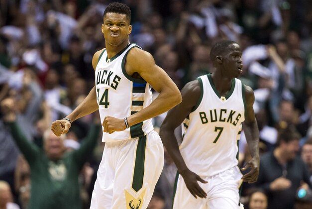 Apr 22, 2017; Milwaukee, WI, USA; Milwaukee Bucks forward Giannis Antetokounmpo (34) reacts after scoring during the second quarter against the Toronto Raptors in game four of the first round of the 2017 NBA Playoffs at BMO Harris Bradley Center. Mandatory Credit: Jeff Hanisch-USA TODAY Sports