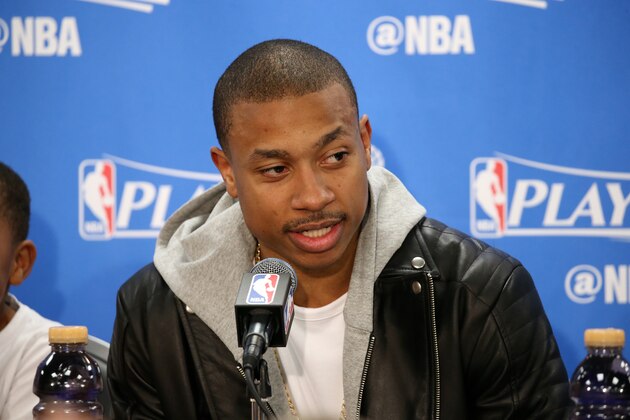 CHICAGO, IL - APRIL 23: Isaiah Thomas #4 of the Boston Celtics talks with the press after the game against the Chicago Bulls in Game Four during the Eastern Quarterfinals of the 2017 NBA Playoffs on April 23, 2017 at the United Center in Chicago, Illinois. NOTE TO USER: User expressly acknowledges and agrees that, by downloading and or using this Photograph, user is consenting to the terms and conditions of the Getty Images License Agreement. Mandatory Copyright Notice: Copyright 2017 NBAE (Photo by Gary Dineen/NBAE via Getty Images)