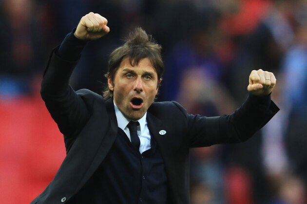 LONDON, ENGLAND - APRIL 22:  Antonio Conte, Manager of Chelsea celebrates after the full time whistle in  The Emirates FA Cup Semi-Final between Chelsea and Tottenham Hotspur at Wembley Stadium on April 22, 2017 in London, England.  (Photo by Richard Heathcote/Getty Images)