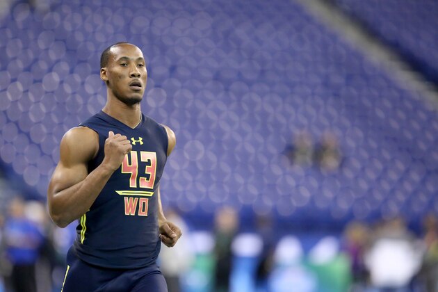 Florida State wide receiver Travis Rudolph is seen in a drill at the 2017 NFL football scouting combine Saturday, March 4, 2017, in Indianapolis. (AP Photo/Gregory Payan)