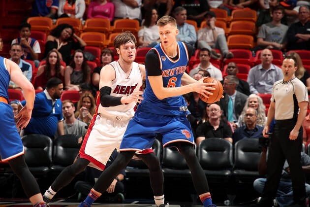 MIAMI, FL - MARCH 31: Kristaps Porzingis #6 of the New York Knicks handles the ball during the game against the Miami Heat on March 31, 2017 at AmericanAirlines Arena in Miami, Florida. NOTE TO USER: User expressly acknowledges and agrees that, by downloading and or using this Photograph, user is consenting to the terms and conditions of the Getty Images License Agreement. Mandatory Copyright Notice: Copyright 2017 NBAE (Photo by Issac Baldizon/NBAE via Getty Images)