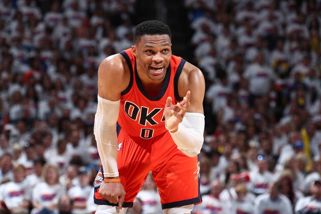 OKLAHOMA CITY, OK - APRIL 23:  Russell Westbrook #0 of the Oklahoma City Thunder is seen during Game Four of the Western Conference Quarterfinals of the 2017 NBA Playoffs on April 23, 2017 at Chesapeake Energy Arena in Oklahoma City, Oklahoma. NOTE TO USER: User expressly acknowledges and agrees that, by downloading and/or using this photograph, user is consenting to the terms and conditions of the Getty Images License Agreement. Mandatory Copyright Notice: Copyright 2017 NBAE (Photo by Nathaniel S. Butler/NBAE via Getty Images)