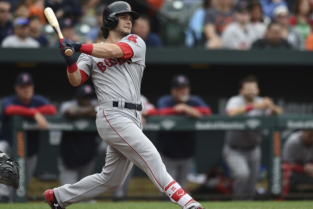 Boston Red Sox's Andrew Benintendi follows through on a single against the Baltimore Orioles during the sixth inning of a baseball game, Sunday, April 23, 2017, in Baltimore. (AP Photo/Gail Burton)