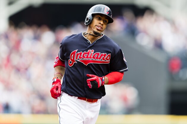 CLEVELAND, OH - APRIL 11: Francisco Lindor #12 of the Cleveland Indians hits a solo home run during the first inning against the Chicago White Sox during the Cleveland Indians home opening game at Progressive Field on April 11, 2017 in Cleveland, Ohio. (Photo by Jason Miller/Getty Images)