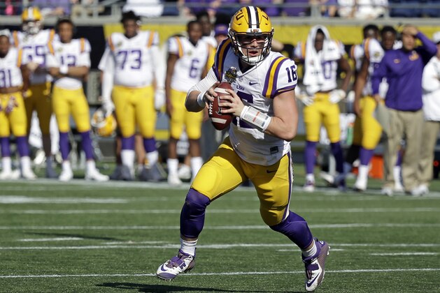 LSU quarterback Danny Etling looks for a receiver against Louisville during the second half of the Citrus Bowl NCAA football game, Saturday, Dec. 31, 2016, in Orlando, Fla. LSU won 29-9. (AP Photo/John Raoux)