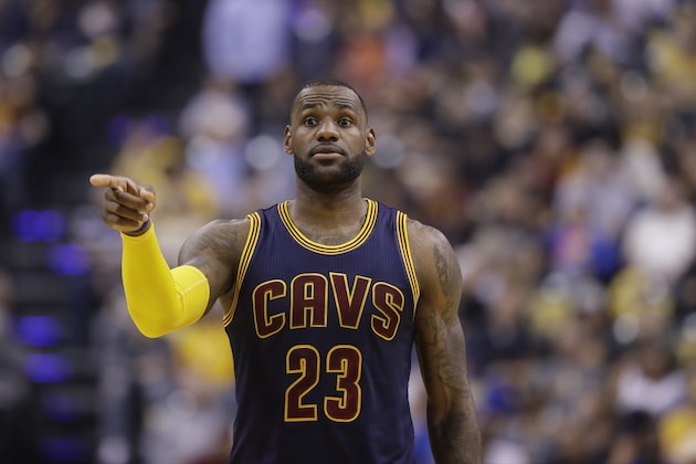 Cleveland Cavaliers' LeBron James in action during the first half in Game 4 of a first-round NBA basketball playoff series against the Indiana Pacers, Sunday, April 23, 2017, in Indianapolis. (AP Photo/Darron Cummings)