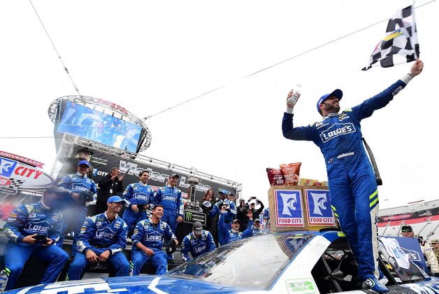BRISTOL, TN - APRIL 24:  Jimmie Johnson, driver of the #48 Lowe's Chevrolet, celebrates in Victory Lane after winning the Monster Energy NASCAR Cup Series Food City 500 at Bristol Motor Speedway on April 24, 2017 in Bristol, Tennessee.  (Photo by Jared C. Tilton/Getty Images)