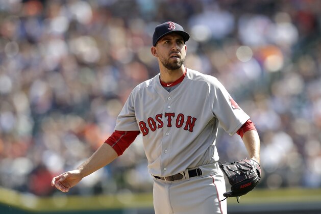 Boston Red Sox relief pitcher Matt Barnes is seen during the seventh inning of a baseball game against the Detroit Tigers, Sunday, April 9, 2017, in Detroit. (AP Photo/Carlos Osorio)