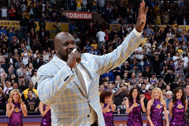 LOS ANGELES, CA - MARCH 24: NBA legend Shaquille O'Neal gives a speech at the game between the Los Angeles Lakers and the Minnesota Timberwolves on March 24, 2017 at STAPLES Center in Los Angeles, California. NOTE TO USER: User expressly acknowledges and agrees that, by downloading and/or using this Photograph, user is consenting to the terms and conditions of the Getty Images License Agreement. Mandatory Copyright Notice: Copyright 2017 NBAE (Photo by Andrew D. Bernstein/NBAE via Getty Images)