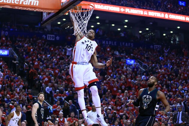 TORONTO, ON - APRIL 24:  DeMar DeRozan #10 of the Toronto Raptors dunks the ball in the first half of Game Five of the Eastern Conference Quarterfinals against the Milwaukee Bucks during the 2017 NBA Playoffs at Air Canada Centre on April 24, 2017 in Toronto, Canada.  NOTE TO USER: User expressly acknowledges and agrees that, by downloading and or using this photograph, User is consenting to the terms and conditions of the Getty Images License Agreement.  (Photo by Vaughn Ridley/Getty Images)