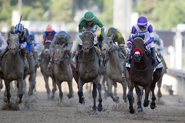 LOUISVILLE, KY - MAY 07:  Mario Gutierrez  atop Nyquist #13 wins the 142nd running of the Kentucky Derby at Churchill Downs on May 07, 2016 in Louisville, Kentucky.(Photo by Ronald C. Modra/Sports Imagery//Getty Images)