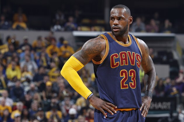 INDIANAPOLIS, IN - APRIL 23: LeBron James #23 of the Cleveland Cavaliers looks on against the Indiana Pacers in Game Four of the Eastern Conference Quarterfinals during the 2017 NBA Playoffs at Bankers Life Fieldhouse on April 23, 2017 in Indianapolis, Indiana. The Cavaliers defeated the Pacers 106-102 to sweep the series 4-0. NOTE TO USER: User expressly acknowledges and agrees that, by downloading and or using the photograph, User is consenting to the terms and conditions of the Getty Images License Agreement. (Photo by Joe Robbins/Getty Images)