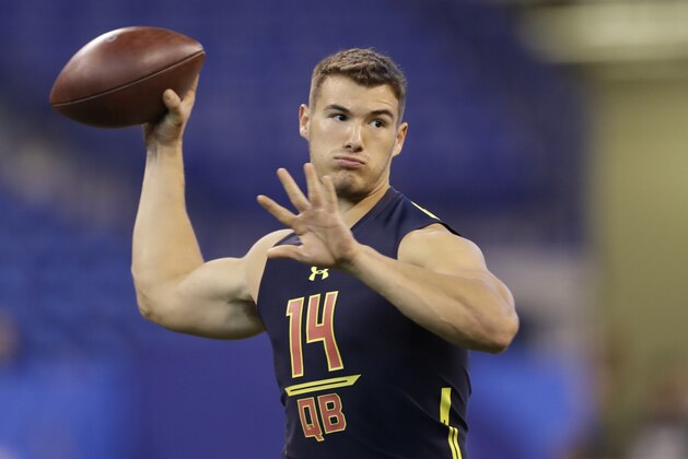 North Carolina quarterback Mitch Trubisky runs a drill at the NFL football scouting combine Saturday, March 4, 2017, in Indianapolis. (AP Photo/David J. Phillip)