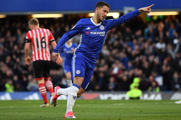 LONDON, ENGLAND - APRIL 25:  Eden Hazard of Chelsea celebrates as he scores their first goal during the Premier League match between Chelsea and Southampton at Stamford Bridge on April 25, 2017 in London, England.  (Photo by Mike Hewitt/Getty Images)