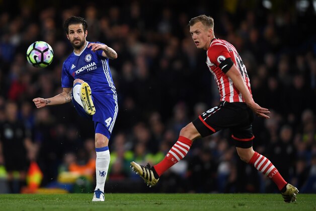 LONDON, ENGLAND - APRIL 25:  Cesc Fabregas of Chelsea beats James Ward-Prowse of Southampton during the Premier League match between Chelsea and Southampton at Stamford Bridge on April 25, 2017 in London, England.  (Photo by Mike Hewitt/Getty Images)