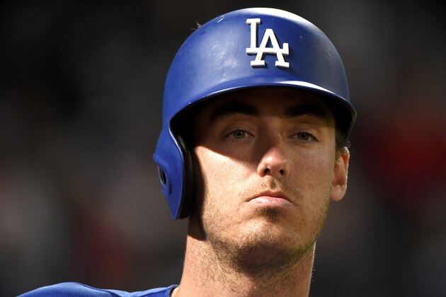 ANAHEIM, CA - MARCH 31:  Cody Bellinger #61 of the Los Angeles Dodgers waits on deck against the Los Angeles Angels of Anaheim at Angel Stadium of Anaheim on March 31, 2017 in Anaheim, California.  (Photo by Lisa Blumenfeld/Getty Images)