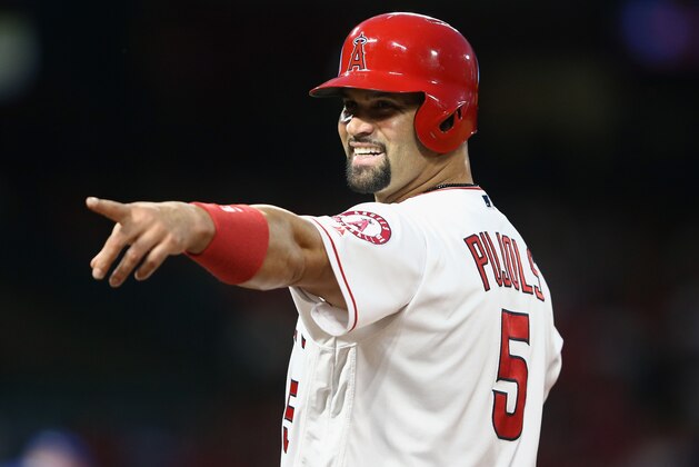ANAHEIM, CA - APRIL 21:  Albert Pujols #5 of the Los Angeles Angels of Anaheim points to the Toronto Blue Jays dugout during the second inning of a game at Angel Stadium of Anaheim on April 21, 2017 in Anaheim, California.  (Photo by Sean M. Haffey/Getty Images)