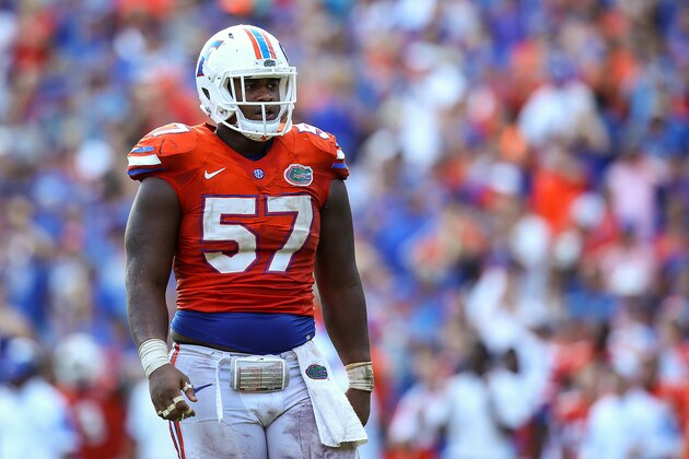 GAINESVILLE, FL - NOVEMBER 07:  Caleb Brantley #57 of the Florida Gators looks on during the game against the Vanderbilt Commodores at Ben Hill Griffin Stadium on November 7, 2015 in Gainesville, Florida.  (Photo by Rob Foldy/Getty Images)