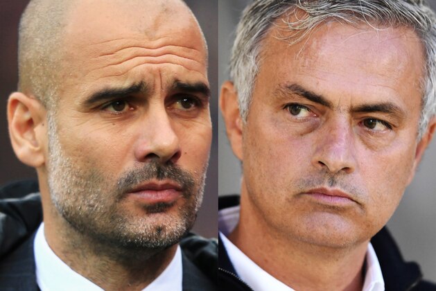 FILE PHOTO (EDITORS NOTE: COMPOSITE OF TWO IMAGES - Image numbers (L) 624347276 and 609537058) In this composite image a comparision has been made between Josep Guardiola, Manager of Manchester City (L) and Jose Mourinho manager of Manchester United. Manchester City and Manchester United meet in a Premier League match on April 27, 2017 at the Etihad Stadium,Manchester. ***LEFT IMAGE*** LONDON, ENGLAND - NOVEMBER 19: Josep Guardiola, Manager of Manchester City looks on during the Premier League match between Crystal Palace and Manchester City at Selhurst Park on November 19, 2016 in London, England. (Photo by Stephen Pond/Getty Images) ***RIGHT IMAGE*** NORTHAMPTON, ENGLAND - SEPTEMBER 21: Jose Mourinho manager of Manchester United looks on from the tunnel prior to the EFL Cup Third Round match between Northampton Town and Manchester United at Sixfields on September 21, 2016 in Northampton, England. (Photo by Laurence Griffiths/Getty Images)