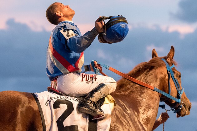 HALLANDALE BEACH, FL - MARCH 04: GUNNEVERA #2, ridden by Javier Castellano, wins the $400,000 Xpressbet Fountain of Youth at Gulfstream Park Race Course on March 4, 2017 in Hallandale Beach, Florida. (Photo by Samantha Bussanich/Eclipse Sportswire/Getty Images)