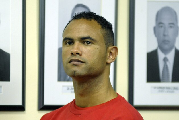 Former Flamengo football club goalie Bruno Fernandes de Souza, during his trial charged with the murder of his wife Elizia Samudi, on November 20, 2012 in Contagem, Minas Gerais, Brazil.  AFP PHOTO/Gualter Naves        (Photo credit should read GUALTER NAVES/AFP/Getty Images)