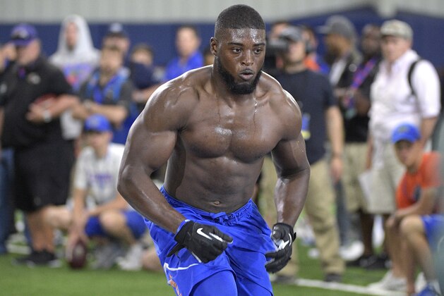 Linebacker Jarrad Davis runs through a drill during Florida's NFL Pro Day in Gainesville, Fla., Tuesday, March 28, 2017. (AP Photo/Phelan M. Ebenhack)