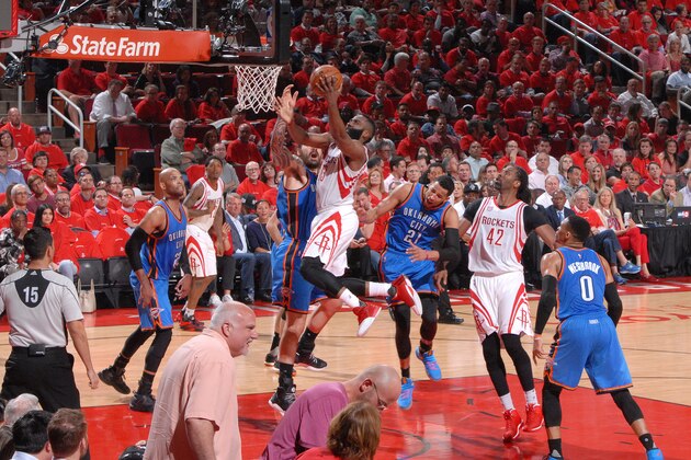 HOUSTON, TX - APRIL 25: James Harden #13 of the Houston Rockets goes to the basket against the Oklahoma City Thunder in Game Five of the Western Conference Quarterfinals of the 2017 NBA Playoffs on April 25, 2017 at the Toyota Center in Houston, Texas. NOTE TO USER: User expressly acknowledges and agrees that, by downloading and or using this photograph, User is consenting to the terms and conditions of the Getty Images License Agreement. Mandatory Copyright Notice: Copyright 2017 NBAE (Photo by Bill Baptist/NBAE via Getty Images)
