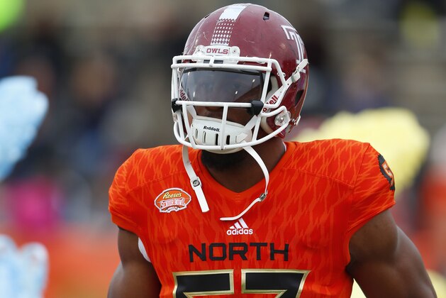 North squad inside linebacker Haason Reddick of Temple (57) runs on the field during the player introductions of the Senior Bowl NCAA college football game, Saturday, Jan. 28, 2017, at Ladd-Peebles Stadium in Mobile, Ala. (AP Photo/Butch Dill)
