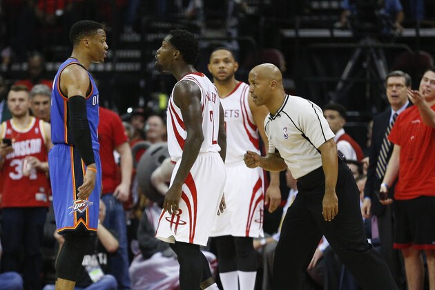 HOUSTON, TX - APRIL 25:  Russell Westbrook #0 of the Oklahoma City Thunder and Patrick Beverley #2 of the Houston Rockets confront each other in the fourth quarter during Game Five of the Western Conference Quarterfinals game of the 2017 NBA Playoffs at Toyota Center on April 25, 2017 in Houston, Texas. NOTE TO USER: User expressly acknowledges and agrees that, by downloading and/or using this photograph, user is consenting to the terms and conditions of the Getty Images License Agreement.  (Photo by Bob Levey/Getty Images)