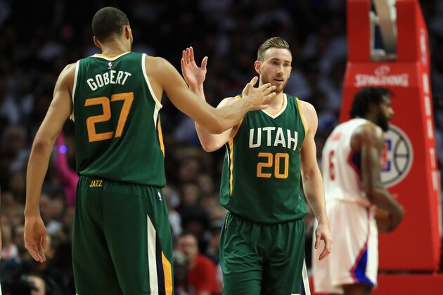LOS ANGELES, CA - APRIL 25:  Rudy Gobert #27 congratulates Gordon Hayward #20 of the Utah Jazz during the first half of Game Five of the Western Conference Quarterfinals at Staples Center at Staples Center on April 25, 2017 in Los Angeles, California.  NOTE TO USER: User expressly acknowledges and agrees that, by downloading and or using this photograph, User is consenting to the terms and conditions of the Getty Images License Agreement.  (Photo by Sean M. Haffey/Getty Images)