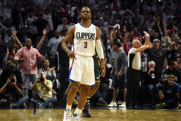 April 25, 2017; Los Angeles, CA, USA; Los Angeles Clippers guard Chris Paul (3) reacts after he scores a basket against the Utah Jazz during the second half in game five of the first round of the 2017 NBA Playoffs at Staples Center. Mandatory Credit: Richard Mackson-USA TODAY Sports