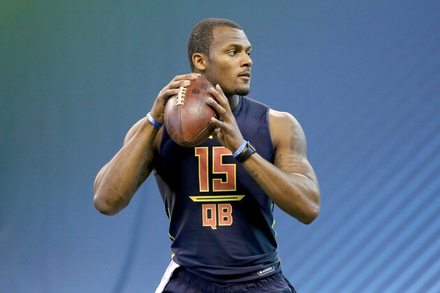 Clemson quarterback Deshaun Watson is seen in a drill at the 2017 NFL football scouting combine Saturday, March 4, 2017, in Indianapolis. (AP Photo/Gregory Payan)